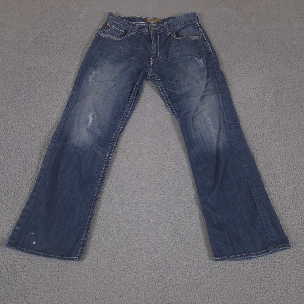 Big Star Jeans Mens 34x32 Blue Pioneer Bootcut Stretch Thick Stitch Distressed